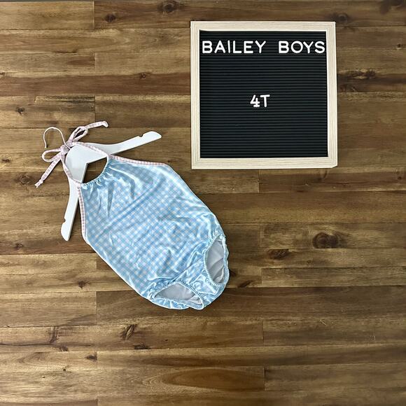 Bailey Boys Blue Pink Gingham One Piece Tank Swimsuit Classic Preppy Beach 4T - Picture 1 of 7